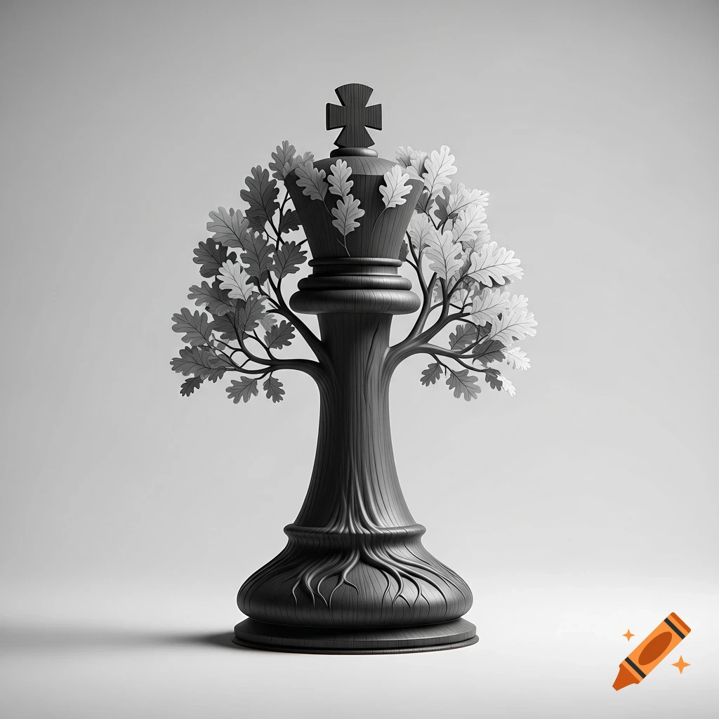 A minimalist black chess king piece shaped like a majestic dark oak tree with delicate leaves, smooth matte finish, on a plain background.