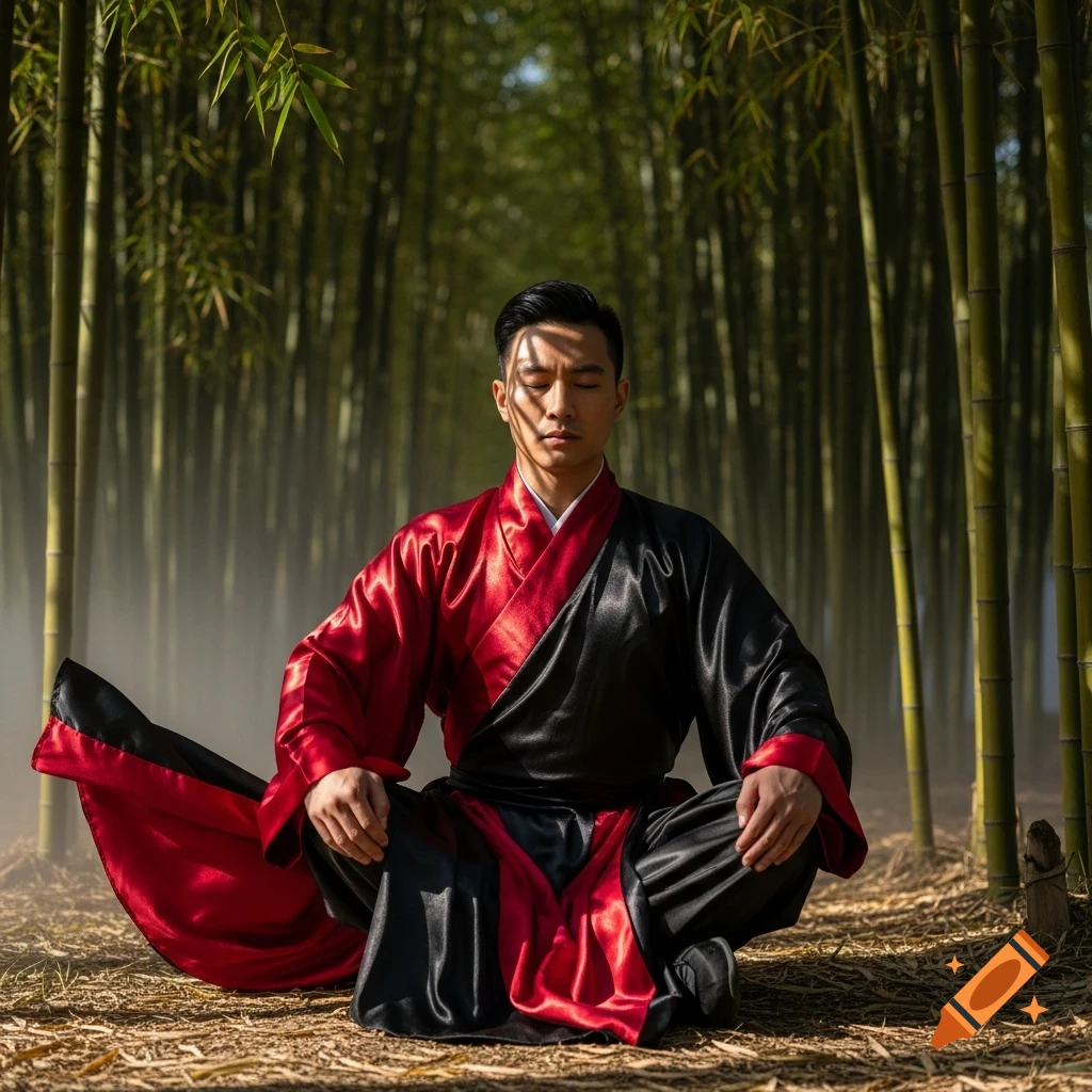 A man in red and black kung fu clothing meditating in a bamboo forest, with dappled sunlight on his face.