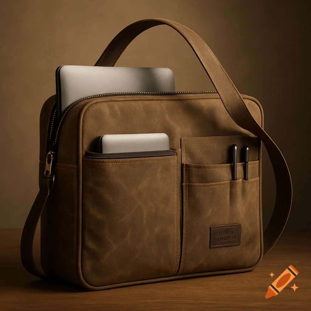 Photorealistic image of a brown waxed canvas shoulder bag with a laptop, power bank, and pens in its pockets on a wooden surface.