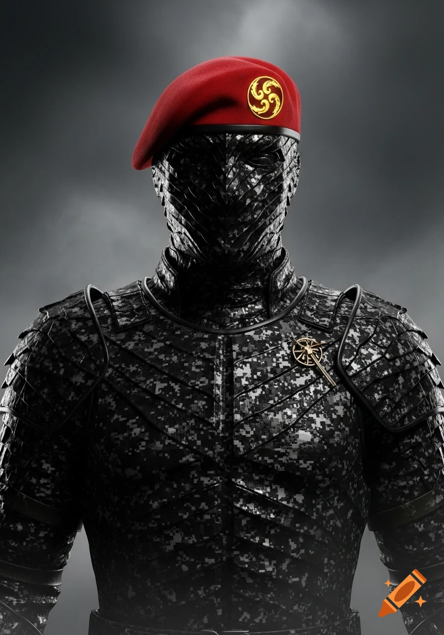A figure in black digital camouflage armor and a red beret with a gold stylized insignia, against a dark background.