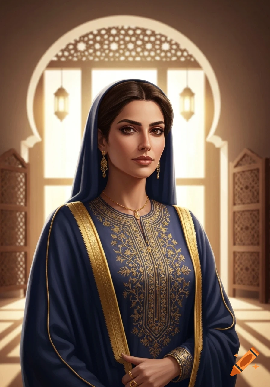 A woman in a blue abaya with gold embroidery and a hijab stands in an arched doorway with lanterns, looking forward.