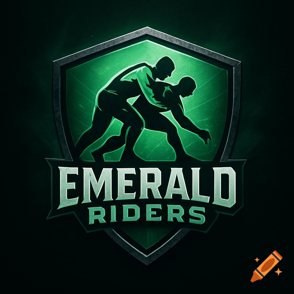 Modern stylized wrestling logo featuring two silhouetted wrestlers in a green shield with 'Emerald Riders' text.