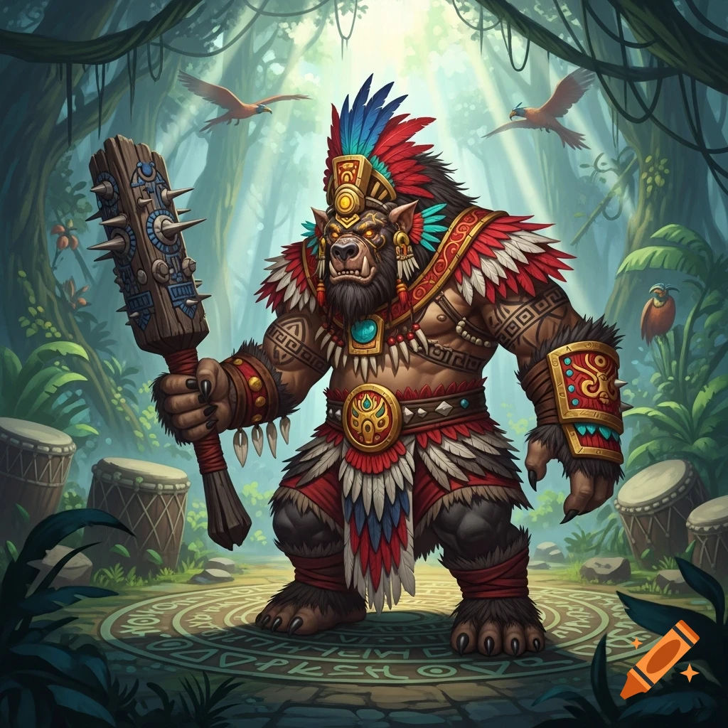 A tribal bugbear barbarian in colorful feathered attire stands in a jungle clearing, holding a spiked club.
