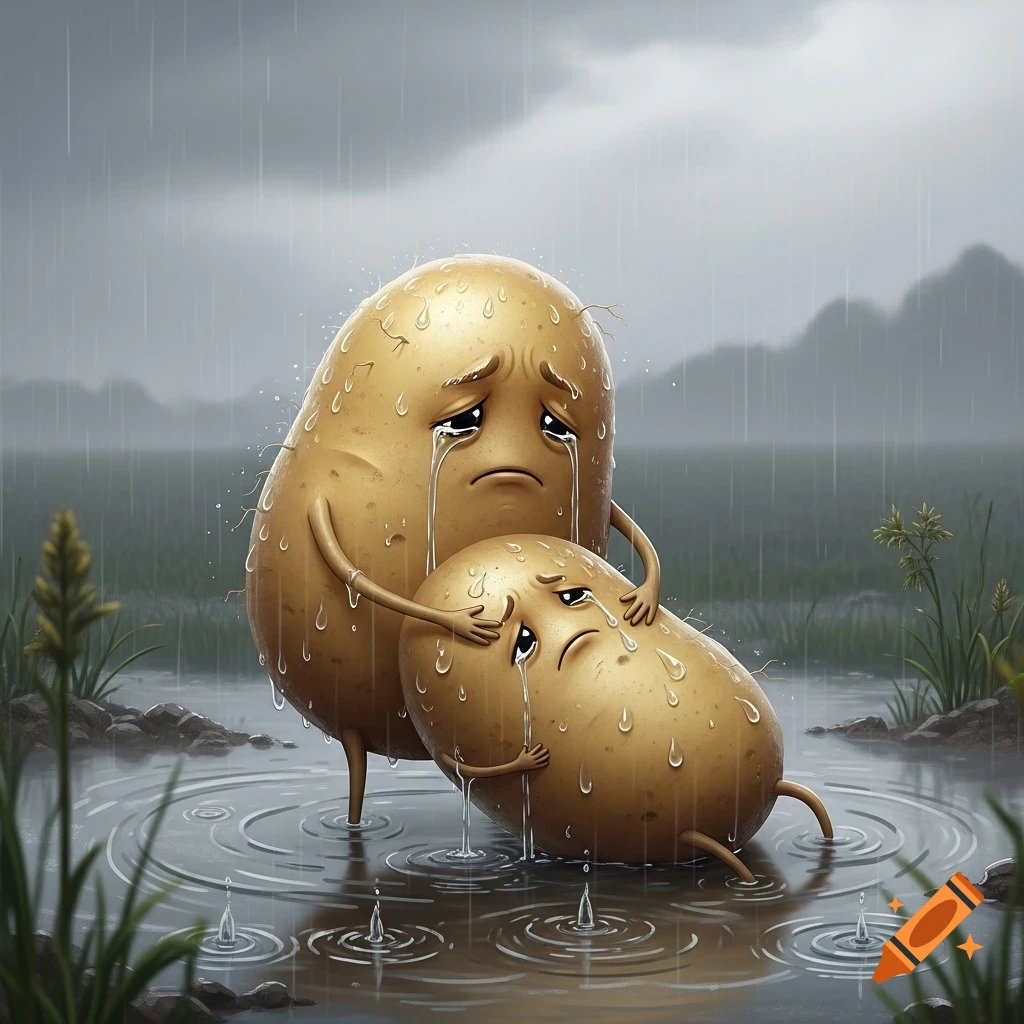 A large anthropomorphic potato embraces and comforts a smaller crying potato in the rain, standing in puddles.