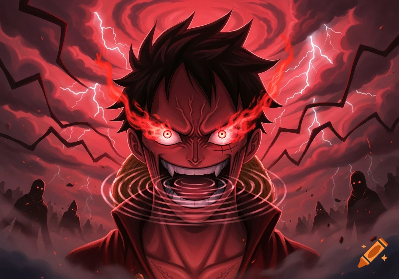 Anime art of Luffy as a scary red demon, screaming with glowing red eyes amidst red lightning and shadowy figures.