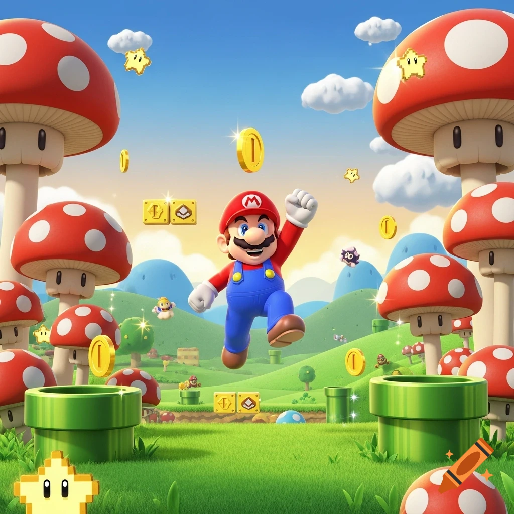 Mario leaps across a vibrant, mushroom-filled landscape with green pipes, gold coins, and stars under a blue sky in a 3D cartoon style.