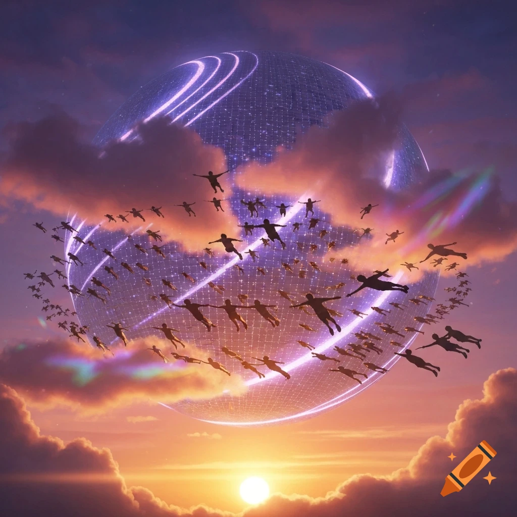A giant glowing grid sphere with rings floats in a sunset sky filled with clouds and silhouetted flying people.