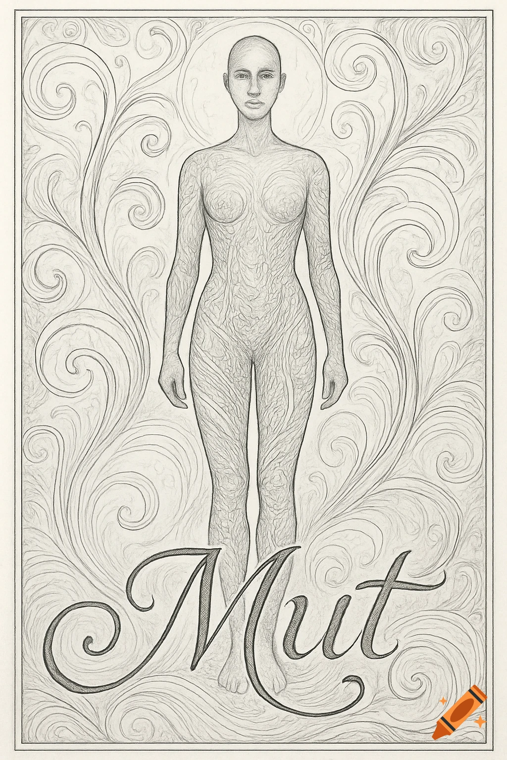 A stylized line art drawing of a nude female figure with internal body patterns, surrounded by swirling decorative elements. The word 'Mut' is at the bottom.