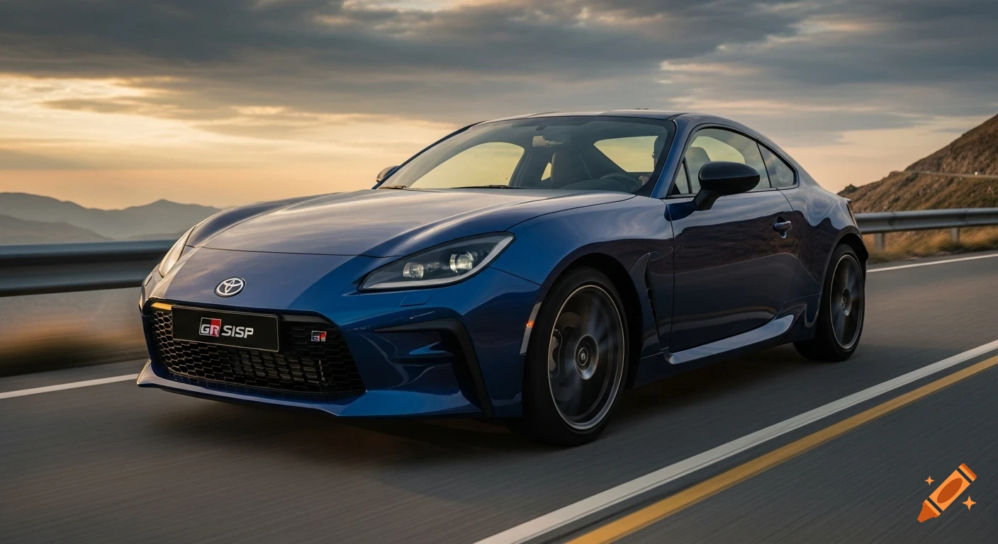 A deep metallic blue Toyota GR86 sports car driving on a winding mountain road during golden hour, with dramatic clouds in a photorealistic style.