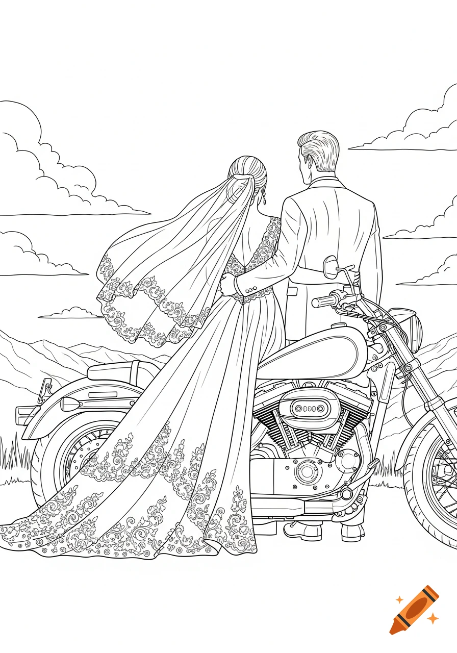 Line art coloring page of a bride and groom standing behind a motorcycle, seen from their backs, with mountains and clouds in the background.