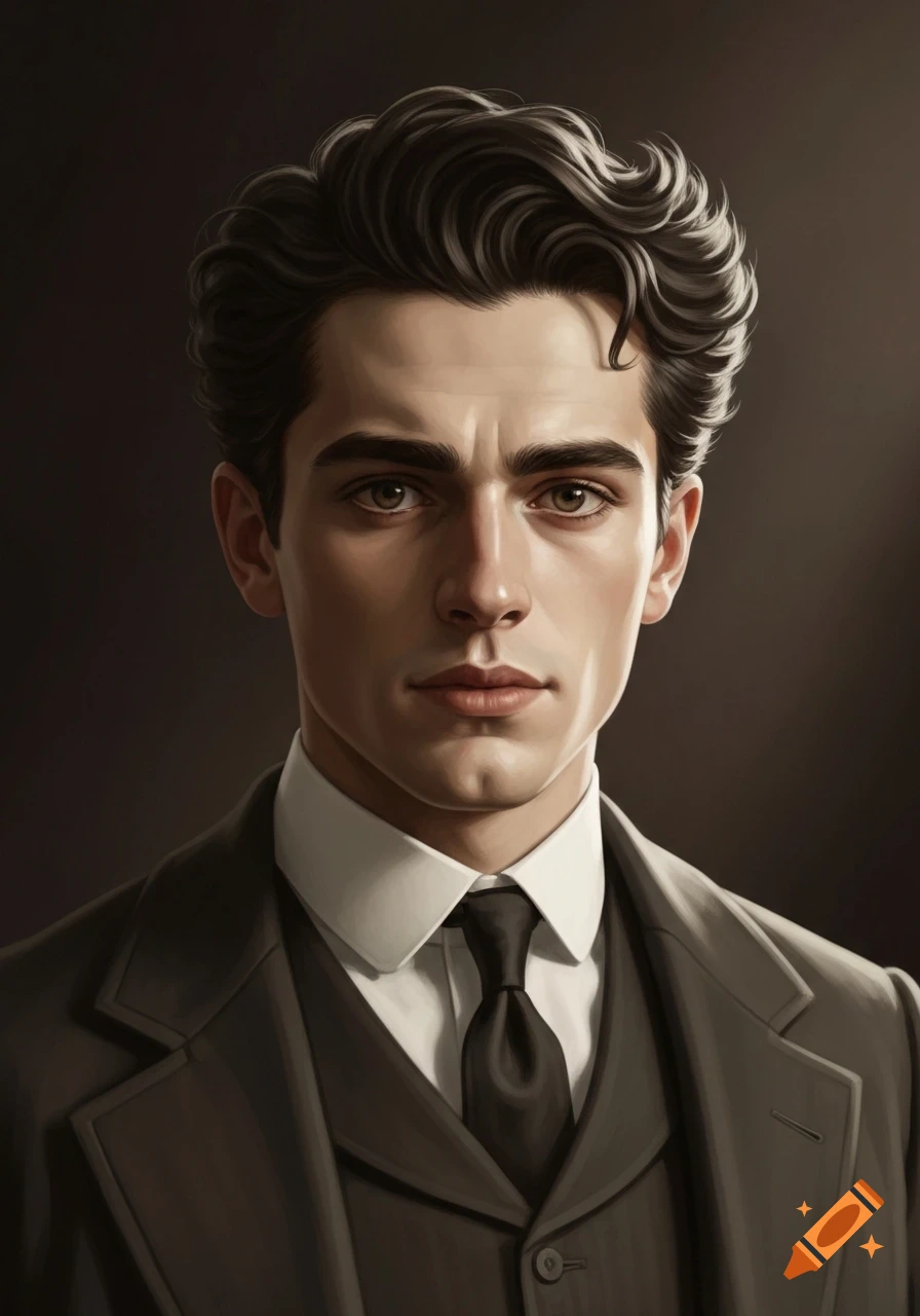 Professional portrait of a handsome young man with dark wavy hair in early 20th-century attire, including a suit and tie.