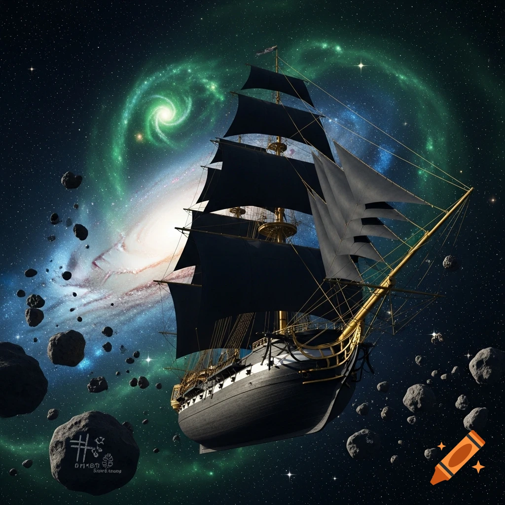 A fantasy galleon with black sails flies through a starry galaxy with a green nebula and asteroids.