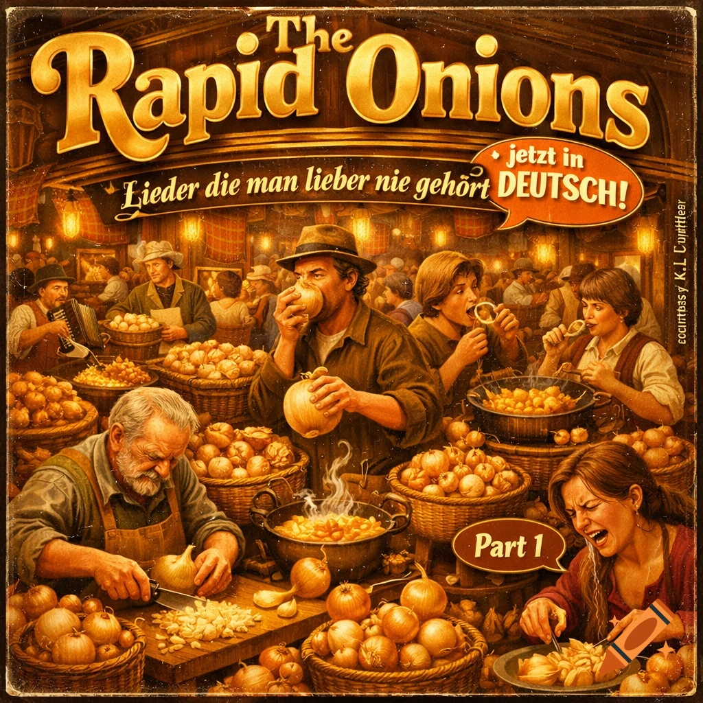 An elaborate LP cover illustration of 'The Rapid Onions' with many people in a bustling, warm-toned scene cutting, cooking, and eating onions, stylized as a detailed painting.