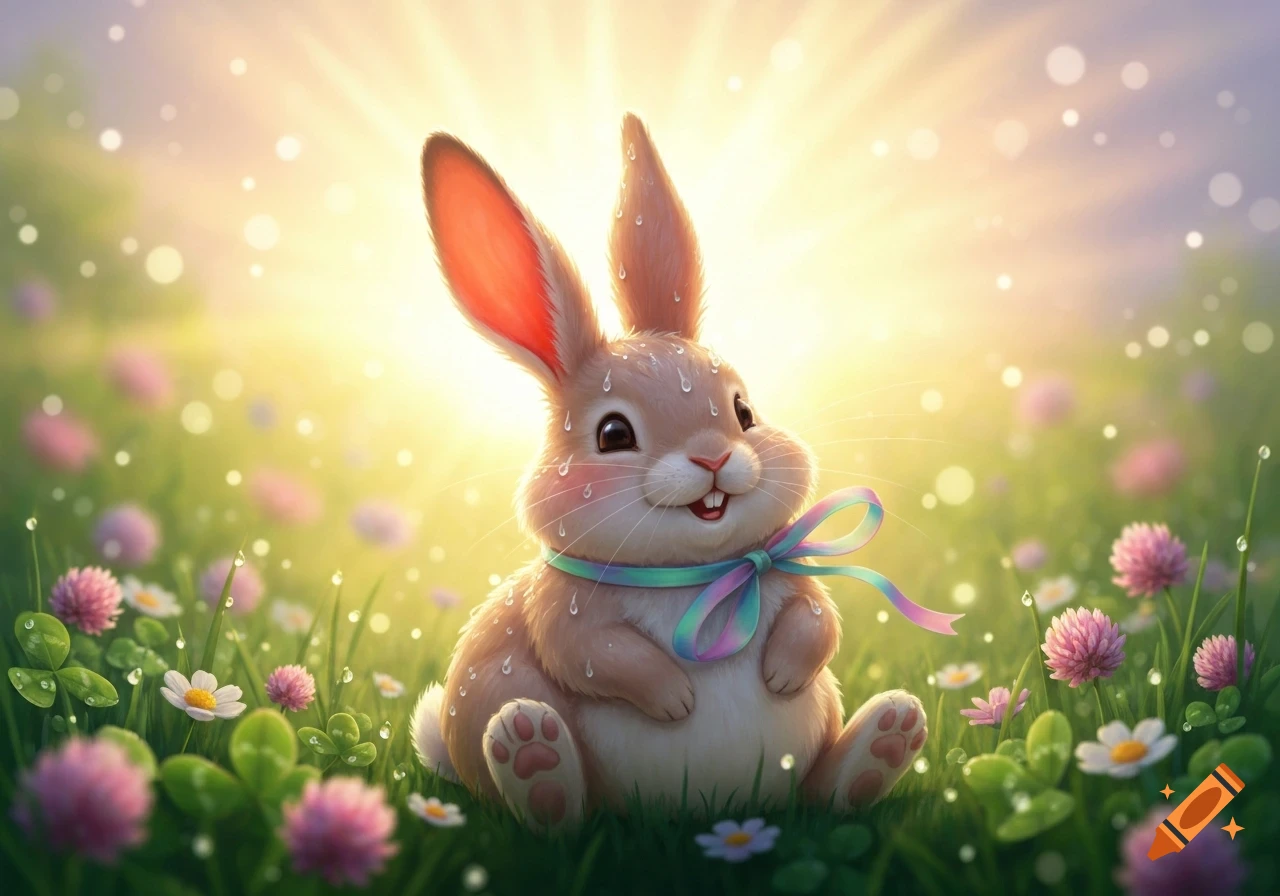 A cute, smiling, chubby brown bunny with a pastel bow sits in a sunny field of green grass and wildflowers.
