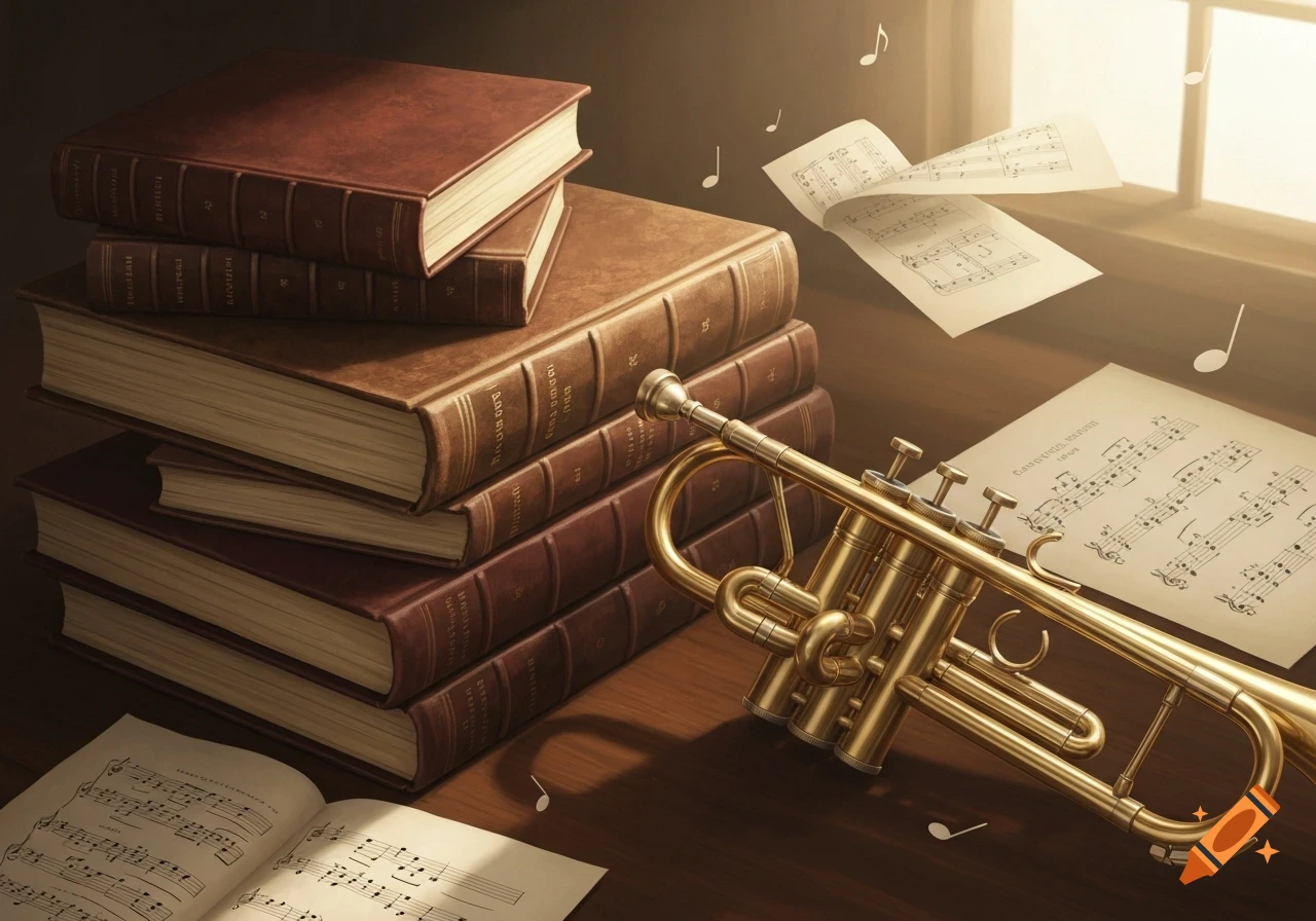 A photorealistic still life featuring a stack of old books, a golden trumpet, and scattered music sheets on a wooden desk by a window.
