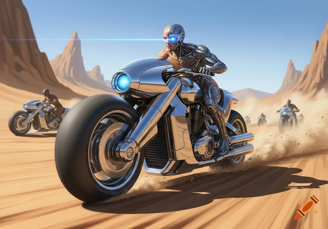 Cyborgs on chrome motorcycles race across a sandy desert under a clear blue sky.