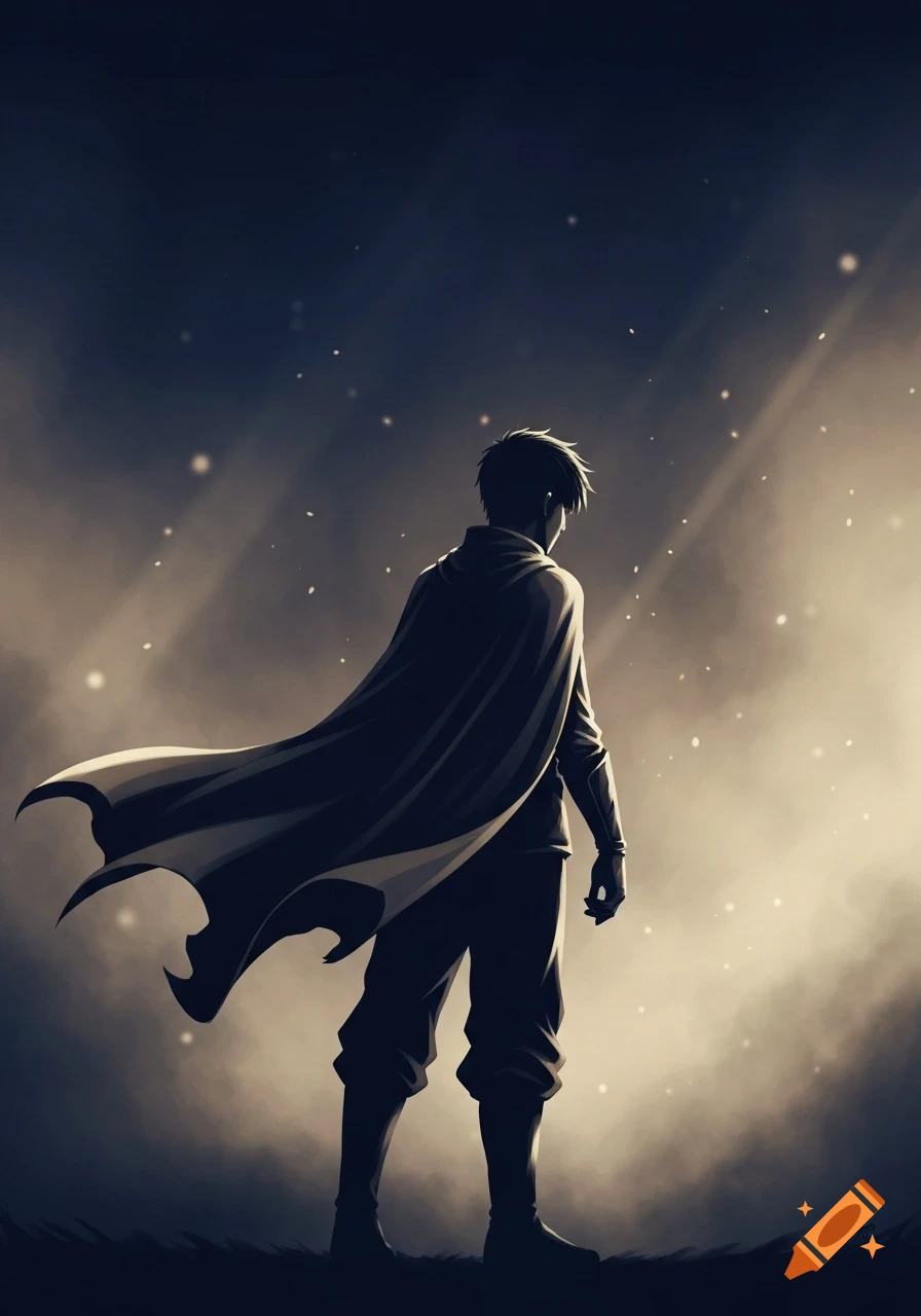 A lone person in a flowing cape stands silhouetted against a dark, dramatic sky with glowing particles and light rays.