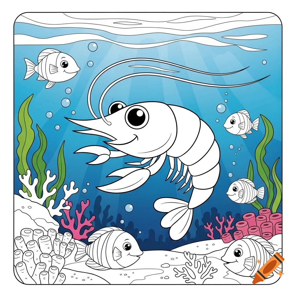 Black and white outline coloring page with a smiling shrimp, fish, coral, and seaweed underwater.