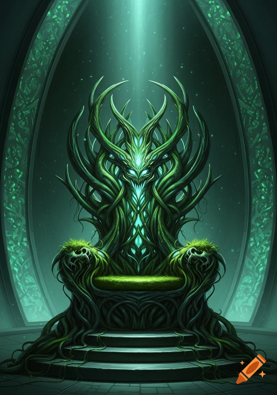 A menacing, futuristic, organic throne made of green roots and vines, glowing with an eerie light in a dark, ethereal chamber.