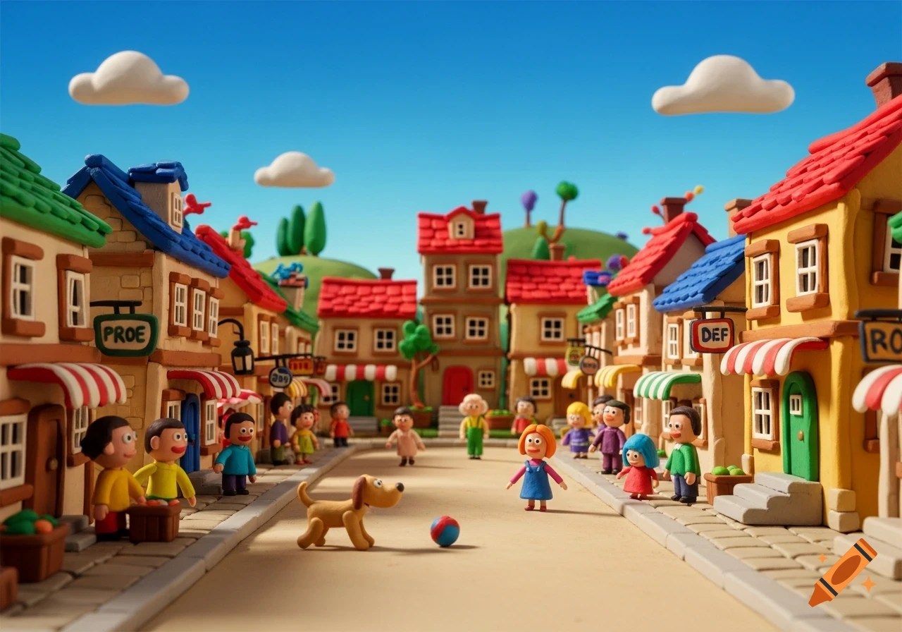 Colorful claymation town street with houses, various people, a dog, and a ball under a bright blue sky.