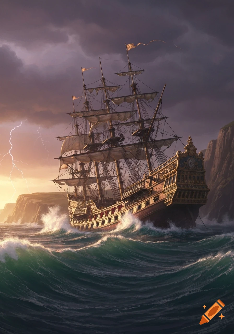 A grand galleon sails through a stormy sea with crashing waves and lightning, shadowed by cliffs.