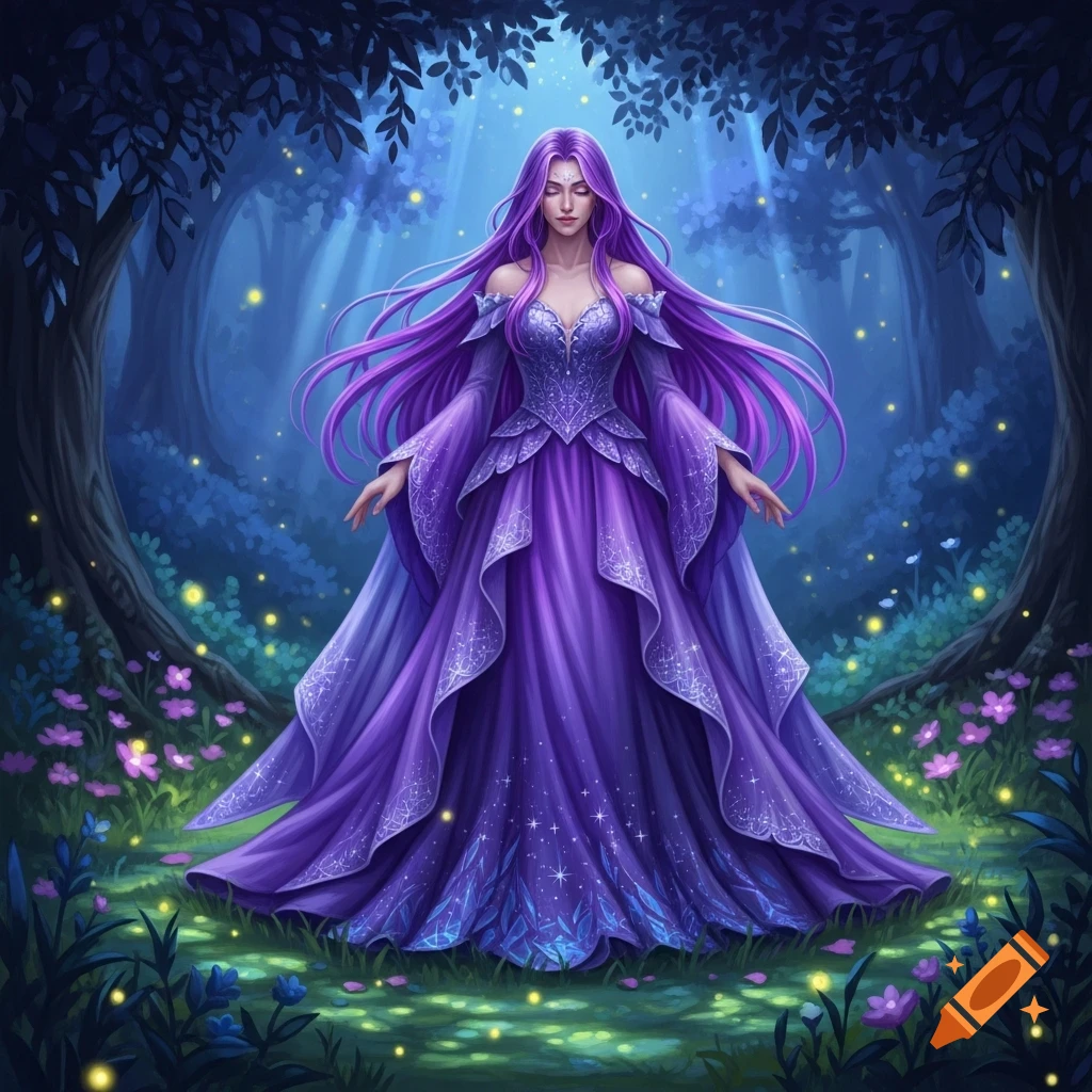 A woman with long purple hair and a shimmering purple dress stands ...