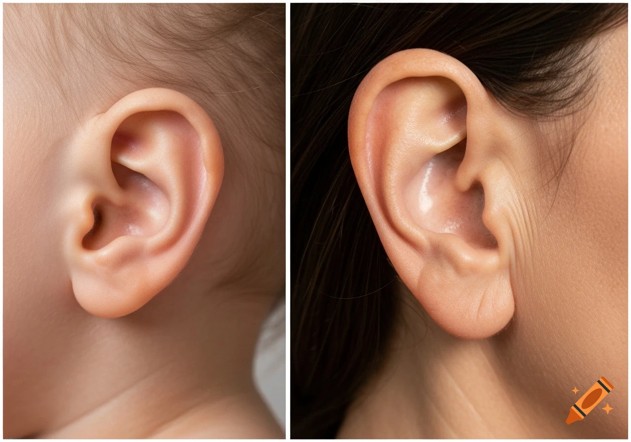 Photorealistic close-up of a baby's ear on the left and an adult woman's ear on the right.