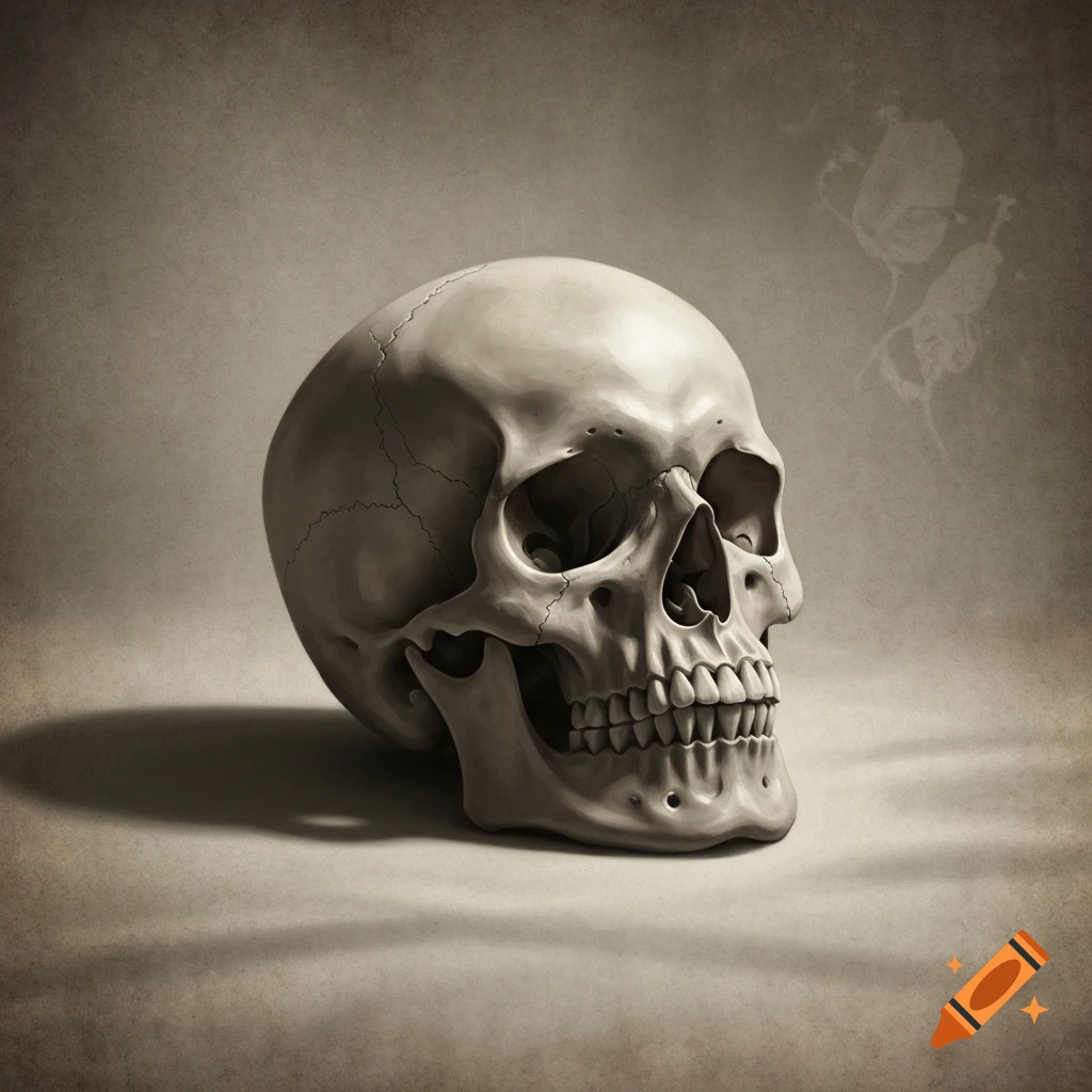 A stylized monochromatic drawing of a human skull resting on a textured surface against a mottled background.