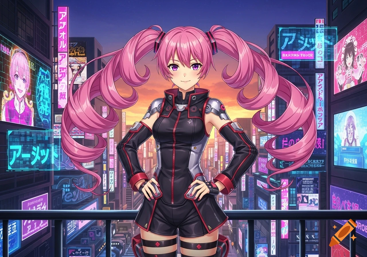 Pink-haired anime girl in a black and red outfit with pigtails, standing on a balcony overlooking a neon-lit futuristic city at dusk.