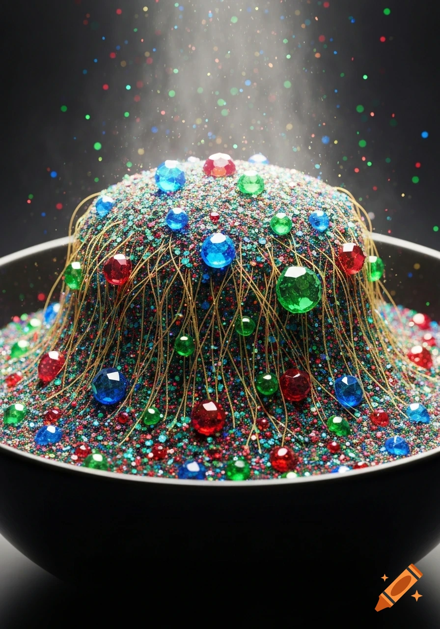 A black bowl filled with a mound of multicolored glitter, red, blue, and green gems, and golden threads, sparkling under a light.