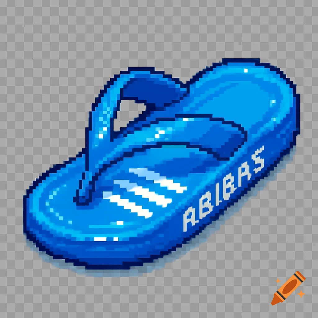 A bright blue pixel art flip-flop sandal with an 'ABIBAS' logo and three white stripes on the side, on a transparent background.