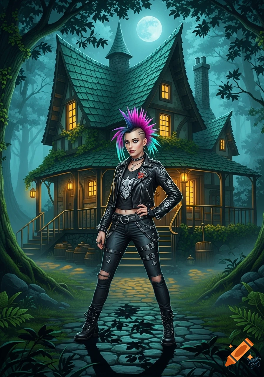 A punk woman with a colorful mohawk stands defiantly in front of a whimsical witch's house under a full moon in a forest.