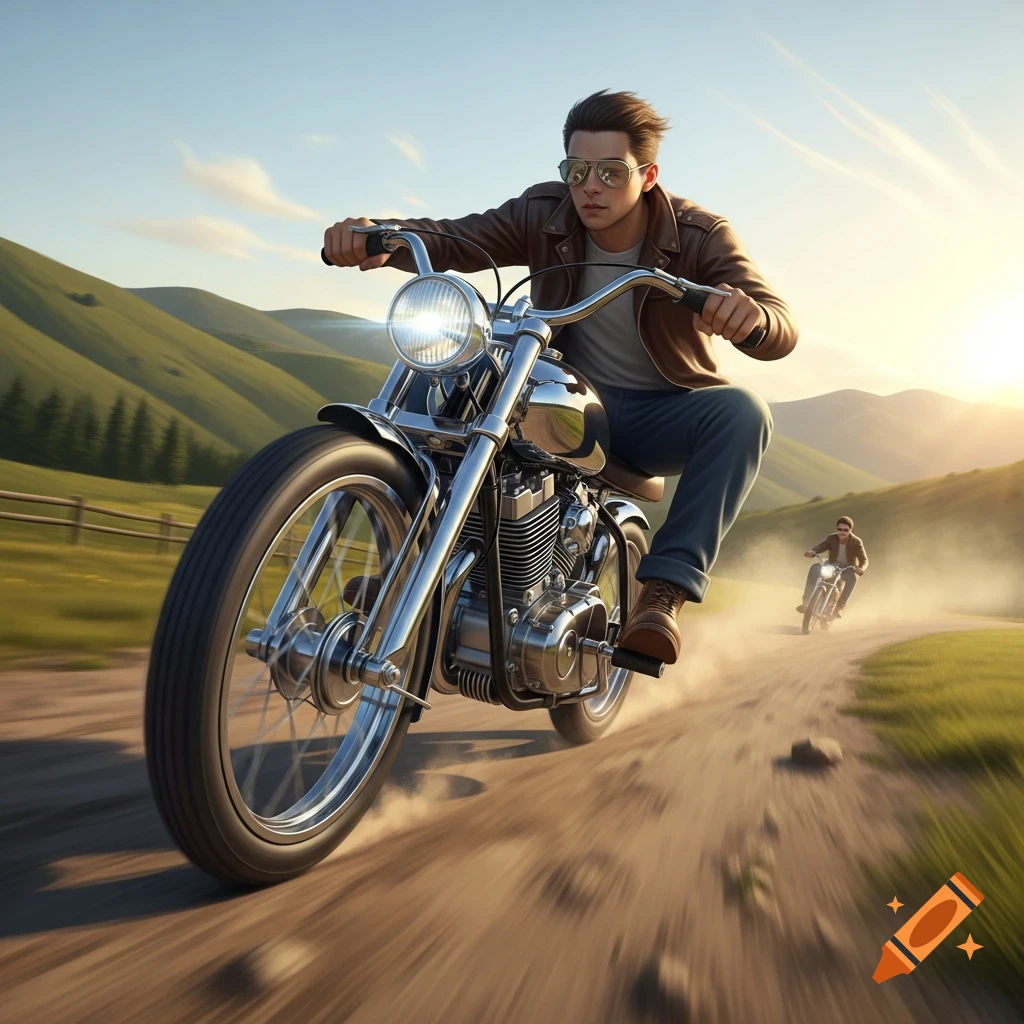 A man on a chrome motorcycle rides a dusty dirt road through green hills at sunset, with another rider following.