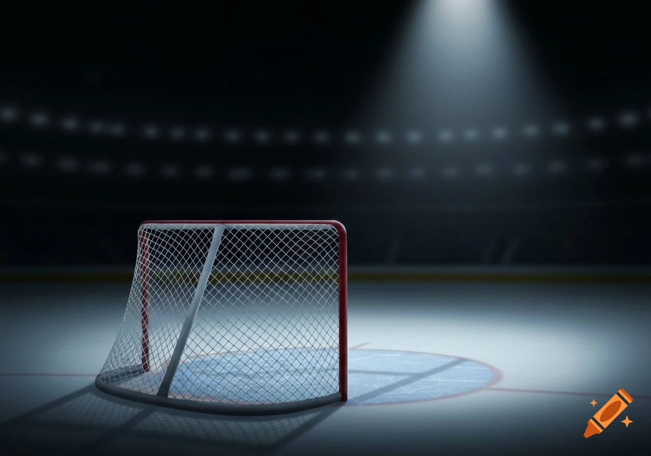 A lone hockey net stands on an empty, spotlight-illuminated ice rink with dark, blurred arena seating in the background.