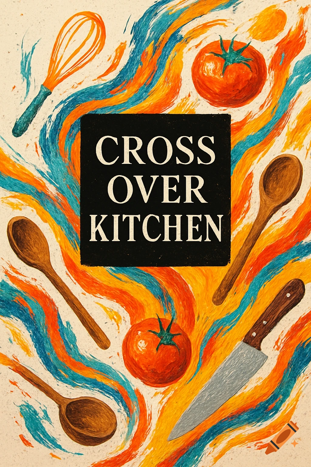 A stylized cookbook cover with 'CROSS OVER KITCHEN' in a central black box, surrounded by abstract orange, blue, and yellow paint strokes, kitchen utensils, and tomatoes.