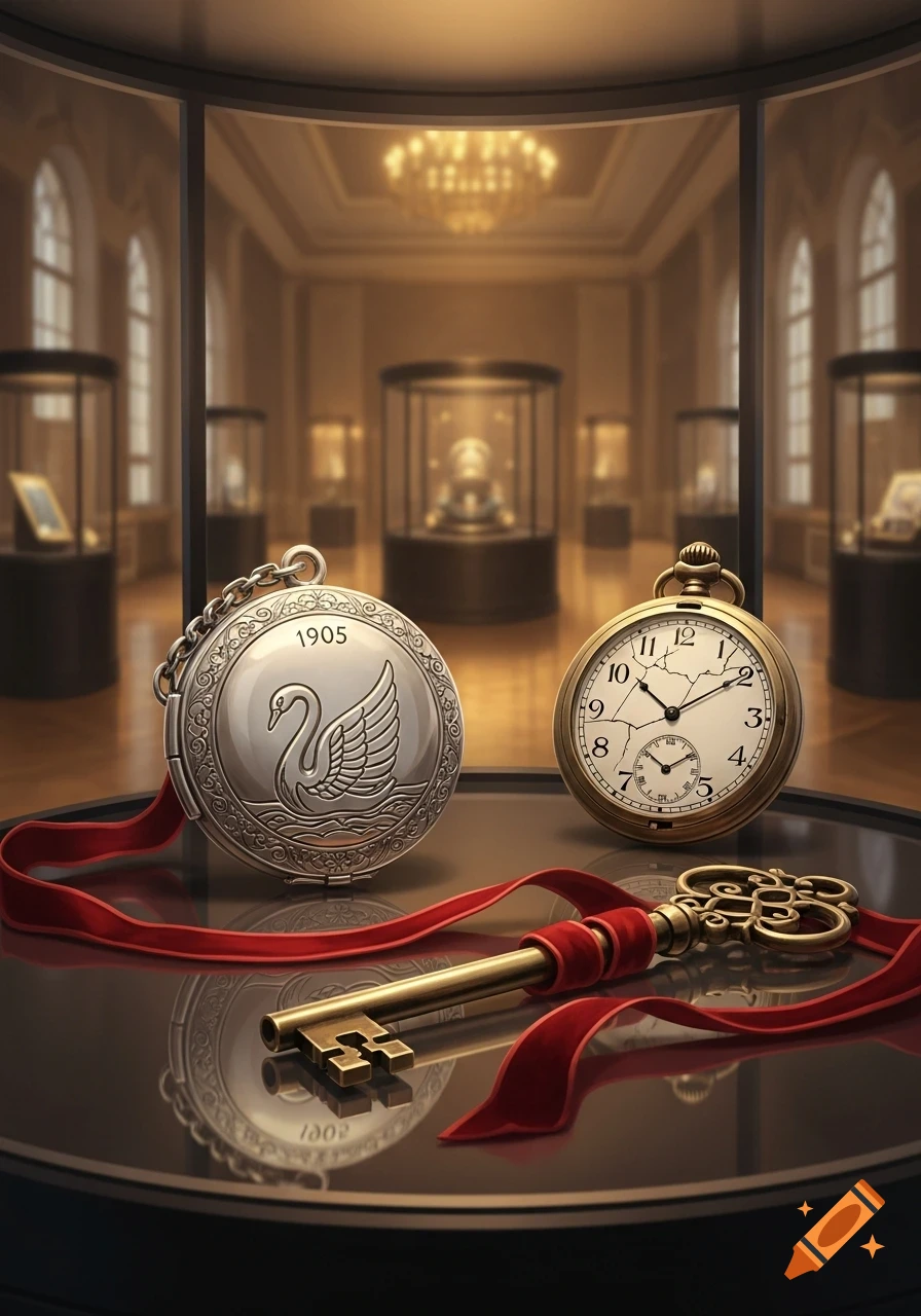 A silver locket with a swan and a cracked gold pocket watch with an old brass key tied with a red ribbon on a display table in a warmly lit museum.