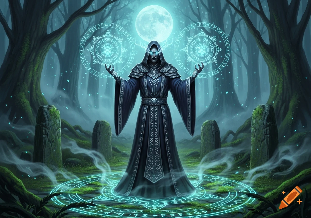 A powerful mage in a dark robe casts glowing blue magic in an enchanted ...