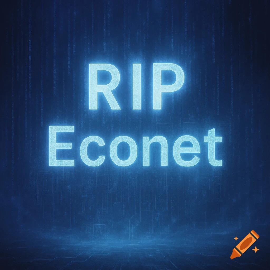 Glowing blue text "RIP Econet" in a digital, circuit board-like environment with falling blue particles.