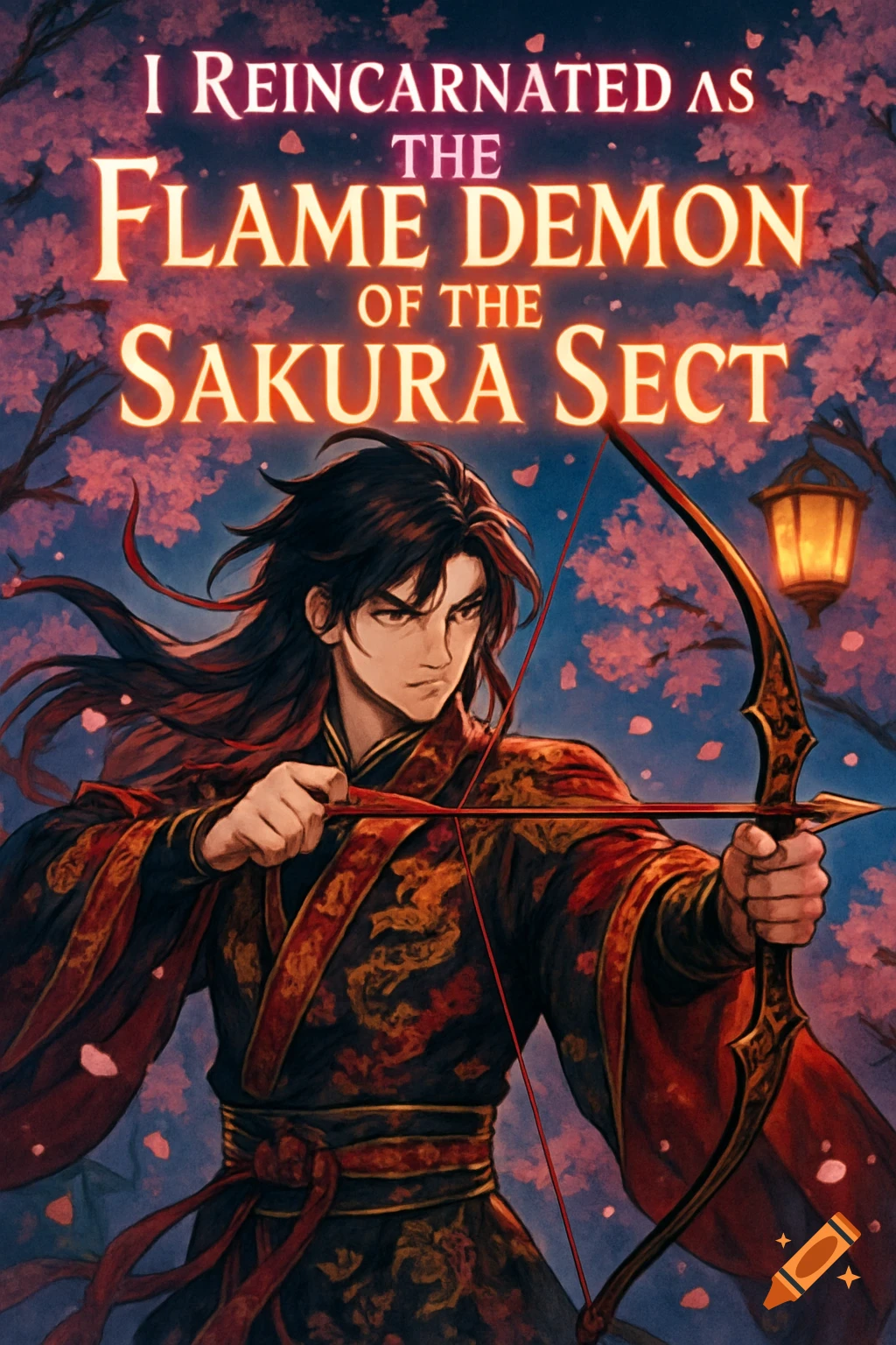 Manhwa style image of a man in traditional Chinese clothes holding a bow under cherry blossom trees.