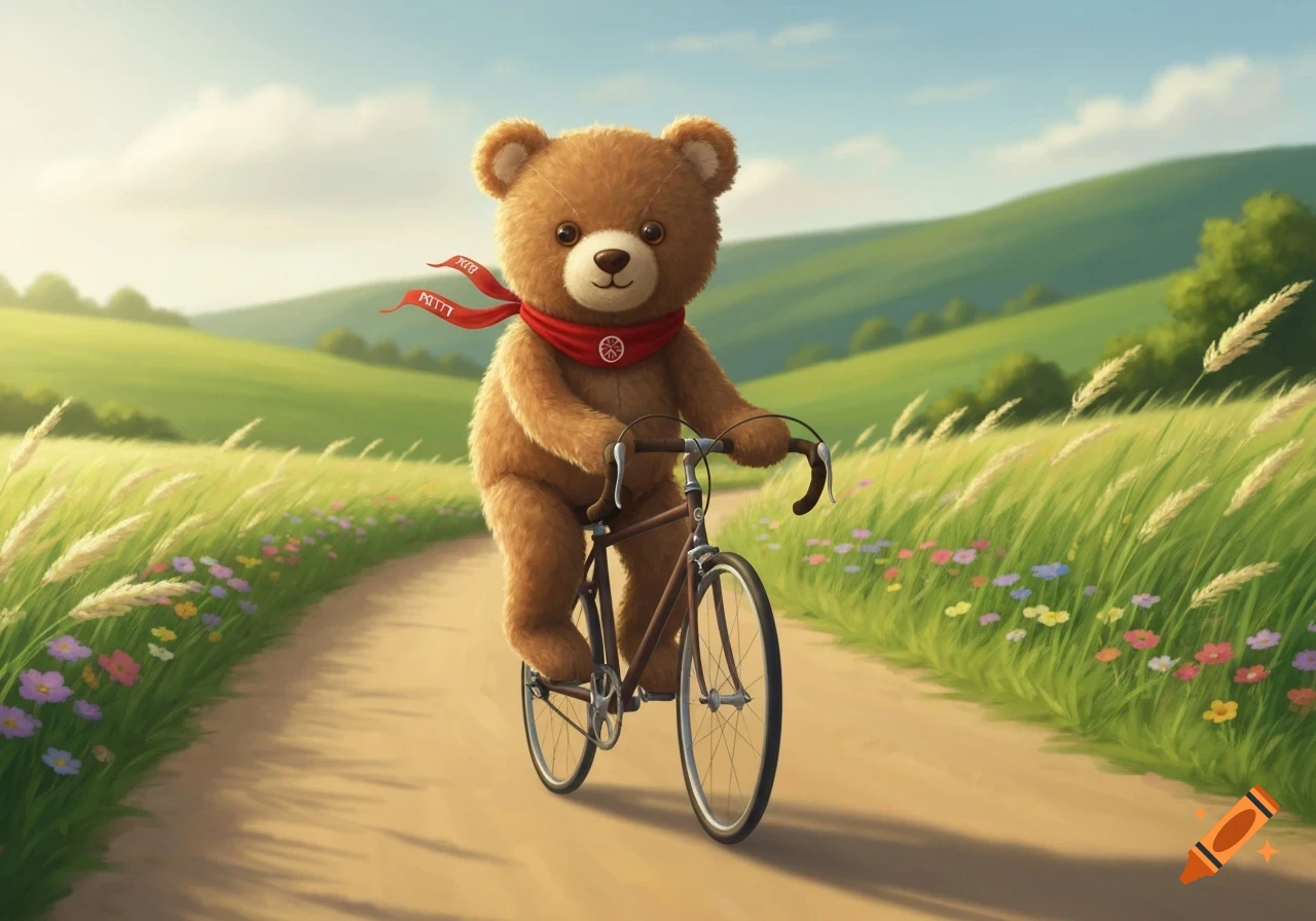 A cute teddy bear in a red bandana rides a bicycle on a dirt path through a sunny green field with hills.