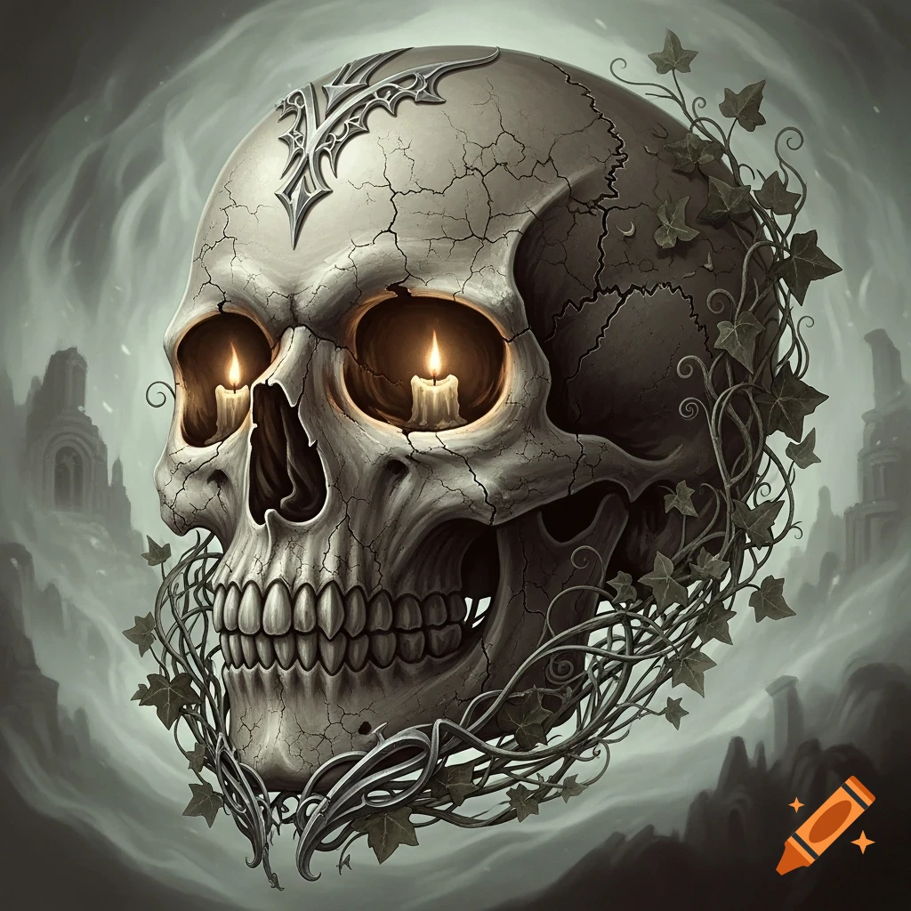 Detailed gothic skull with lit candles in eye sockets, entwined ivy, ornate symbol, and misty ruins background.
