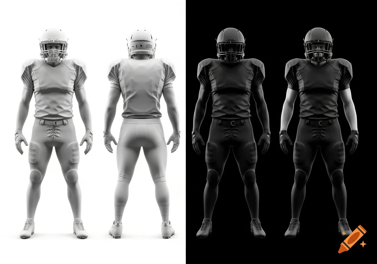 Detailed renders of four American football players, two in white uniforms on a white background, and two in black uniforms on a black background.