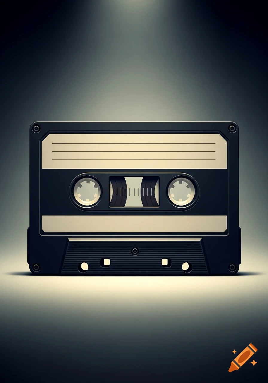 A black cassette tape with a beige label on a dark background, illuminated from above.