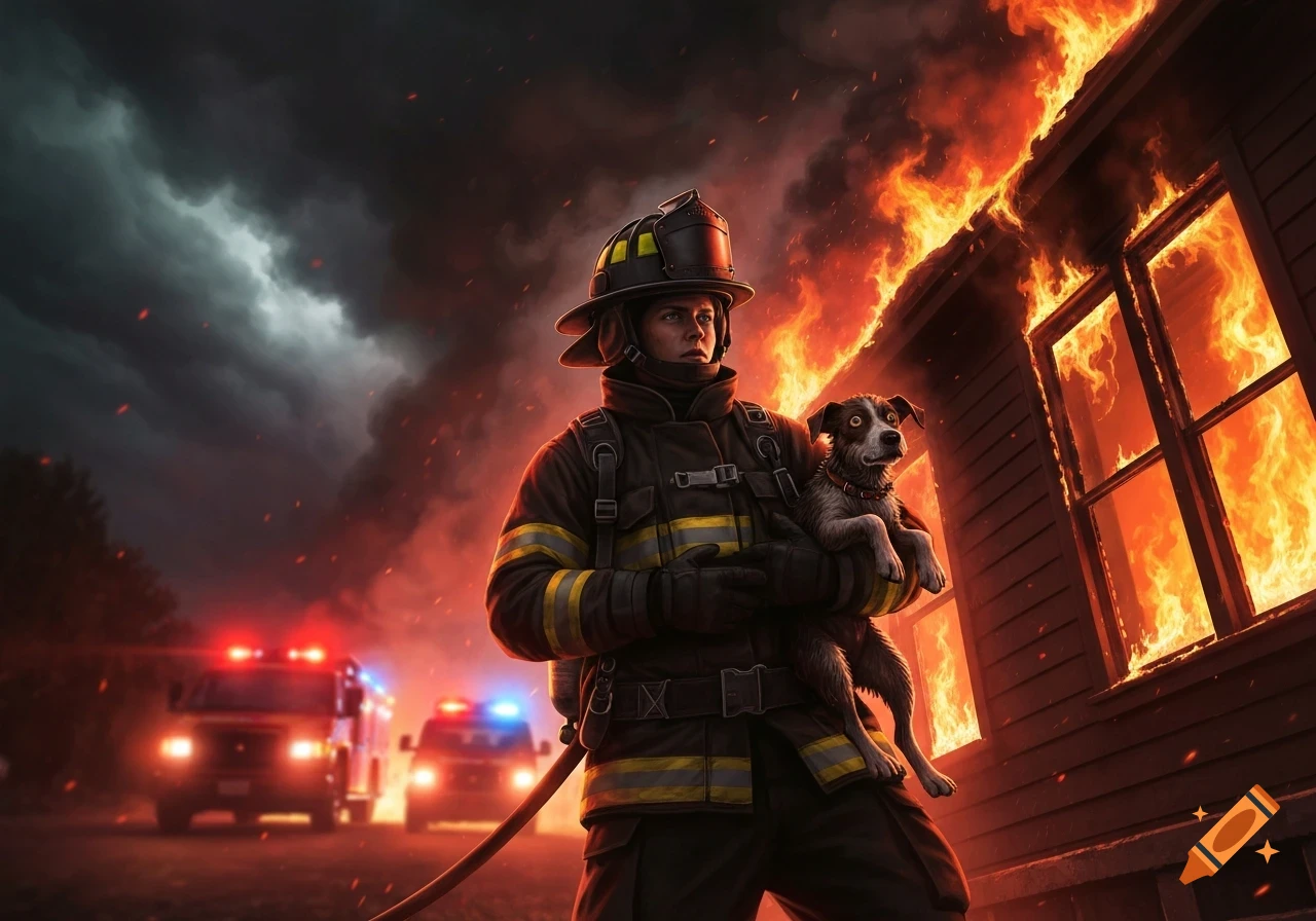 A firefighter in full gear holds a small dog, standing before a burning house under a smoky sky with fire trucks in the background.