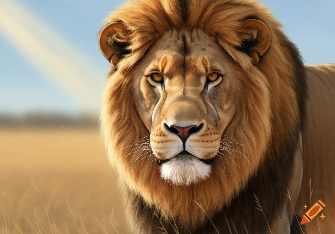 Photorealistic close-up of a majestic lion with a golden mane looking forward in a sunny savanna.