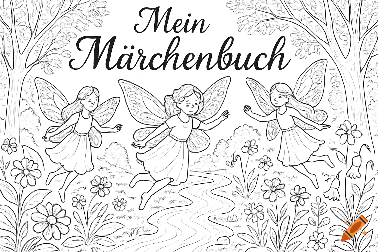 Black and white coloring page for a fairytale book, featuring three fairies flying over a stream in a forest with flowers and trees.