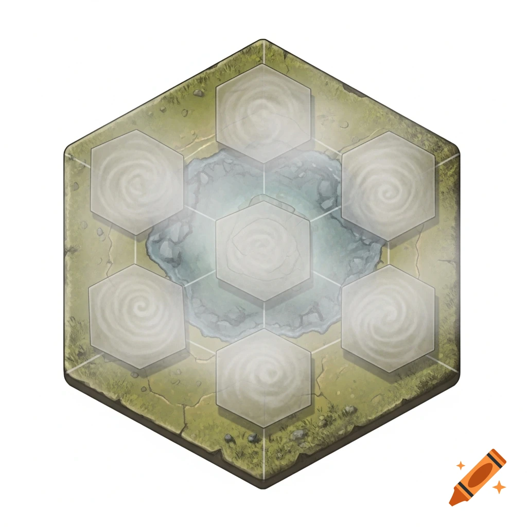 A top-down, hand-painted hexagonal game tile with swirling fog of war over a green landscape and a central pond.