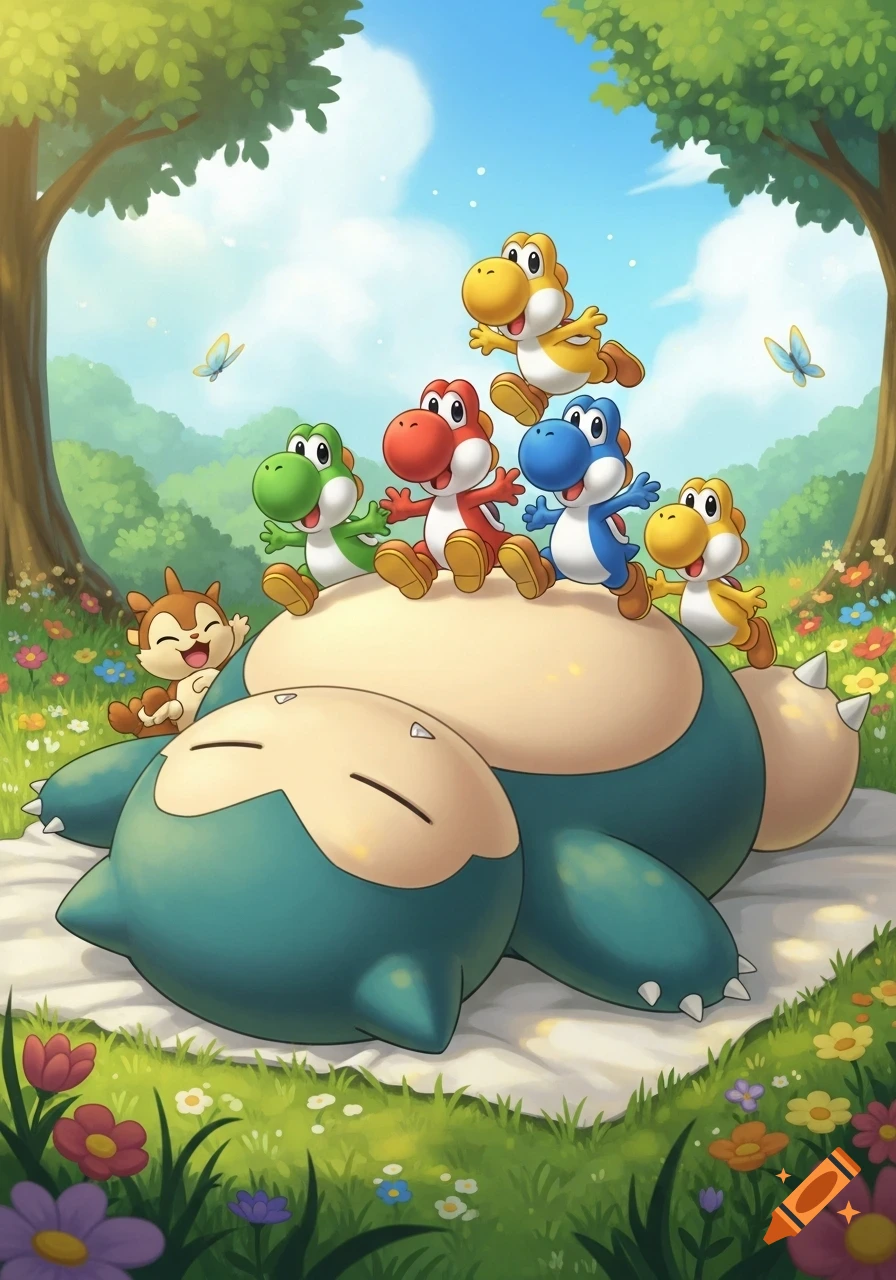 Colorful Yoshis jump on a sleeping Snorlax in a sunny, flower-filled field with a Sentret, illustrated in a vibrant cartoon style.