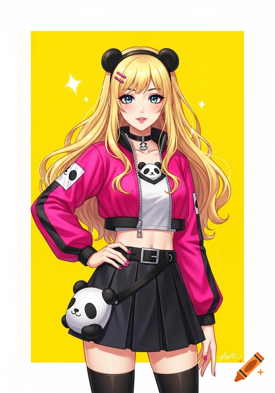 Anime girl with long blonde hair, pink bomber jacket, black skirt, panda accessories, and a yellow background.
