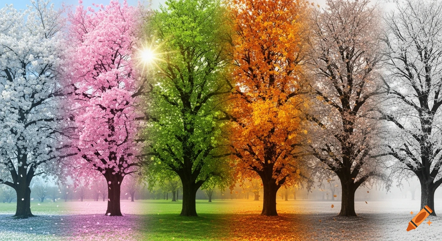 Photorealistic panoramic landscape featuring a row of trees transitioning through winter, spring, summer, and autumn.